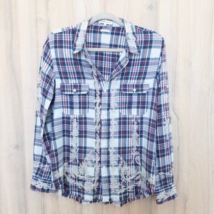 MM Vintage Women Embroidered Flannel Shirt Size M Plaid Blue Western Boho Grunge